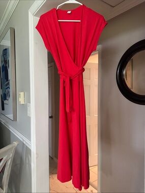 Old Navy Red Midi Wrap Dress with Tie Waist